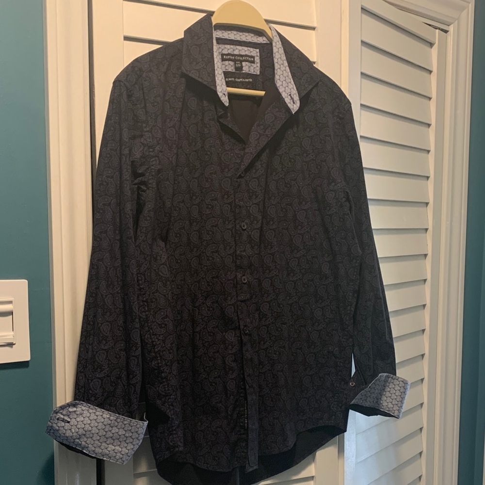 Report Collection Dark Blue Paisley Button-Down Shirt